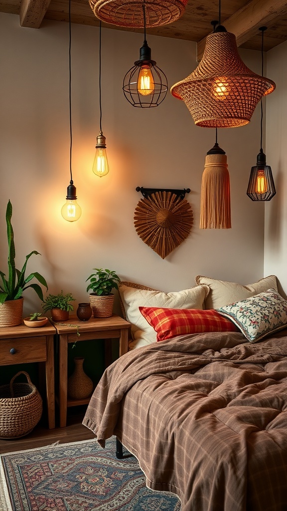 A cozy boho-style bedroom featuring eclectic lighting fixtures with warm bulbs, complementing rustic decor.