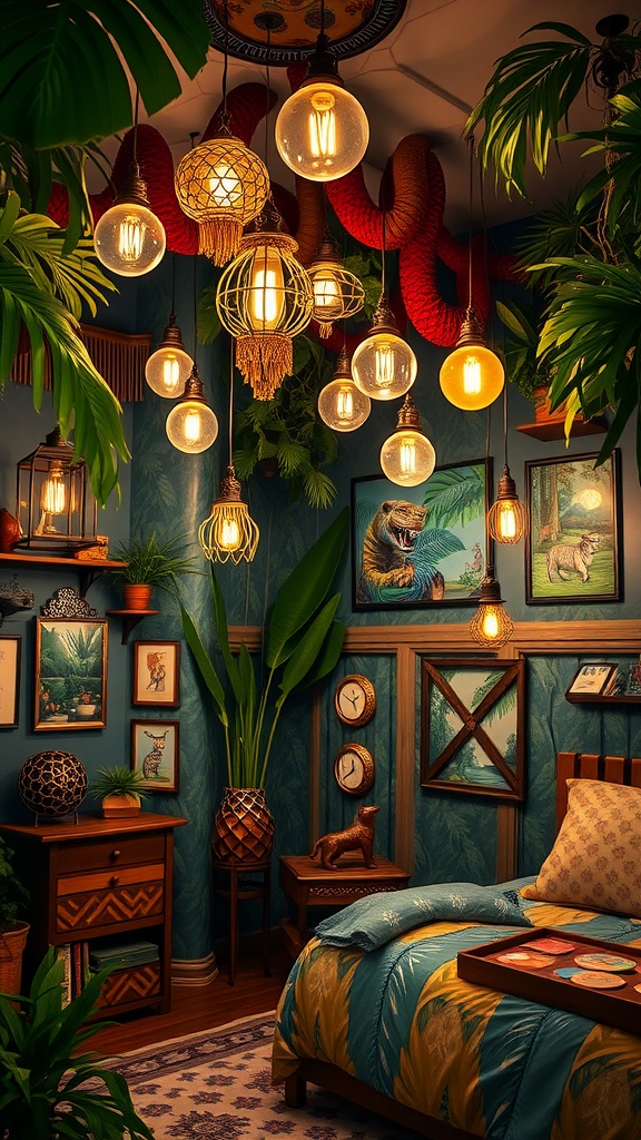 A cozy bedroom featuring eclectic lighting fixtures, including woven and vintage-style bulbs, surrounded by jungle-themed decor and plants.