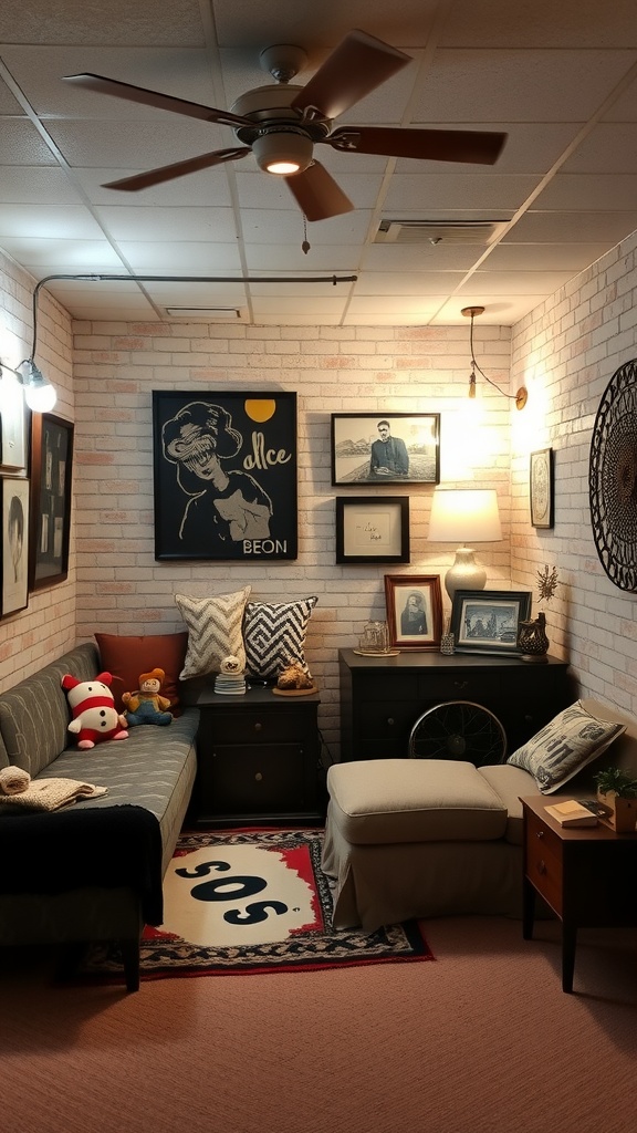 A cozy basement bedroom featuring a mix of vintage and modern decor, including a sofa, artwork, and playful elements.