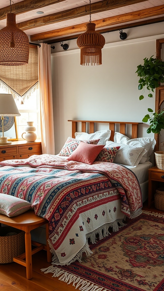 A cozy bohemian bedroom featuring a patterned bedspread, various pillows, a beautiful rug, and natural wood accents.