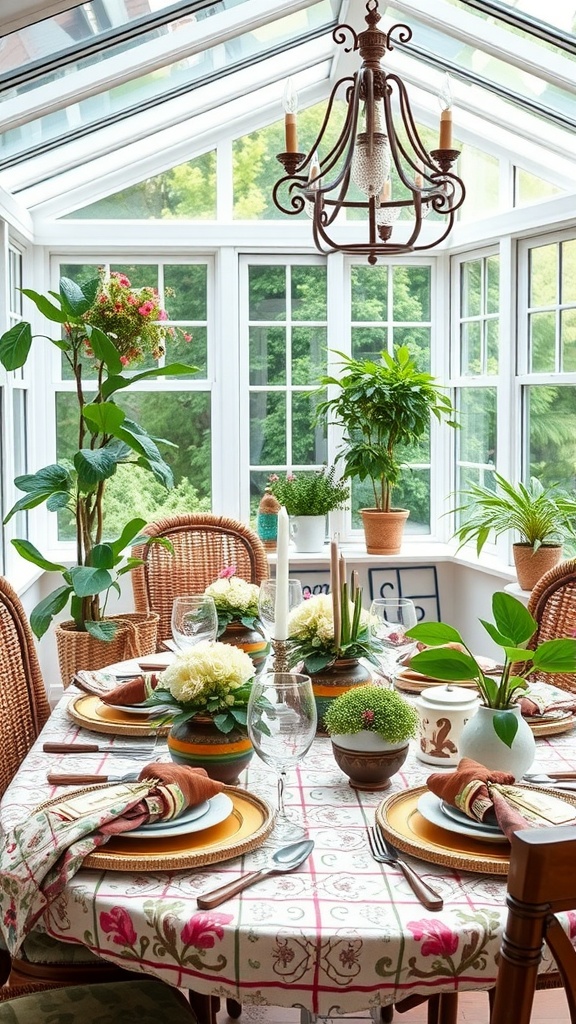 A beautifully arranged dining table in a sunroom with plants and decorative elements.