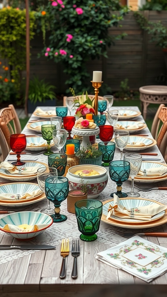 A colorful and eclectic table setting with various glassware and plates, surrounded by greenery.