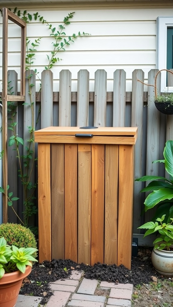 Wooden compost bin in a garden setting, surrounded by plants and a fence.