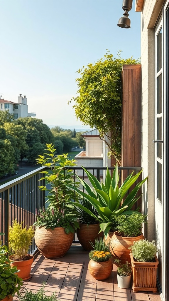 A cozy balcony decorated with various plants in terracotta pots, showcasing an eco-friendly decor style.