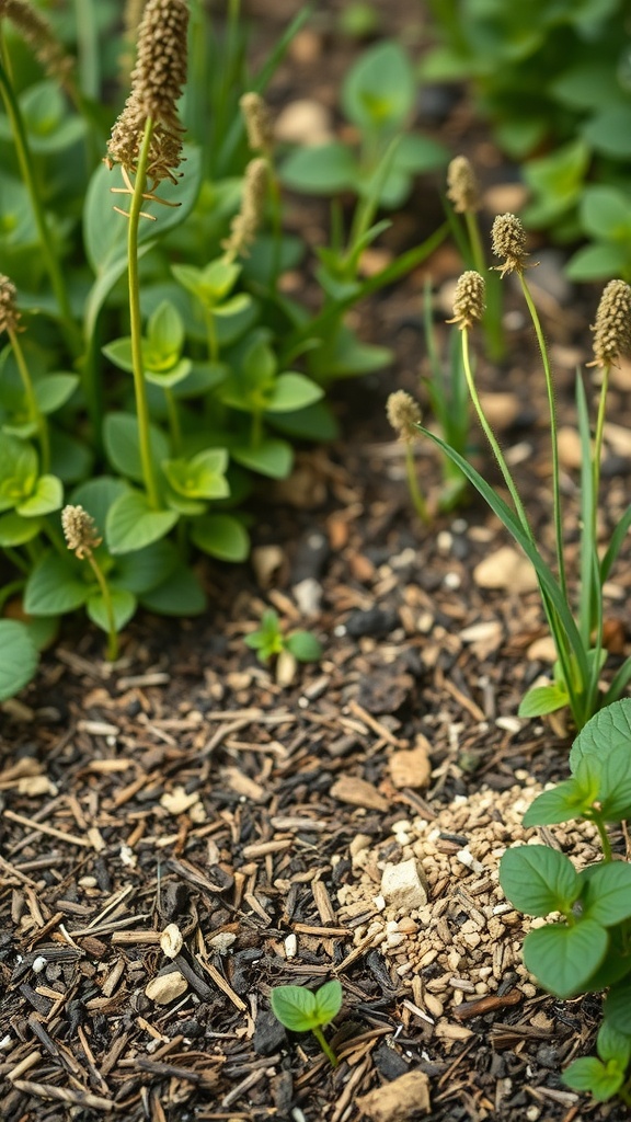 A close-up view of a garden bed with green plants and a layer of natural mulch.