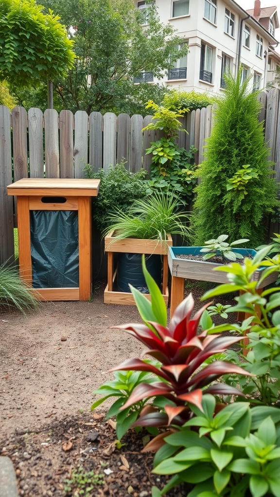 Eco-friendly small garden with wooden compost bins and vibrant plants
