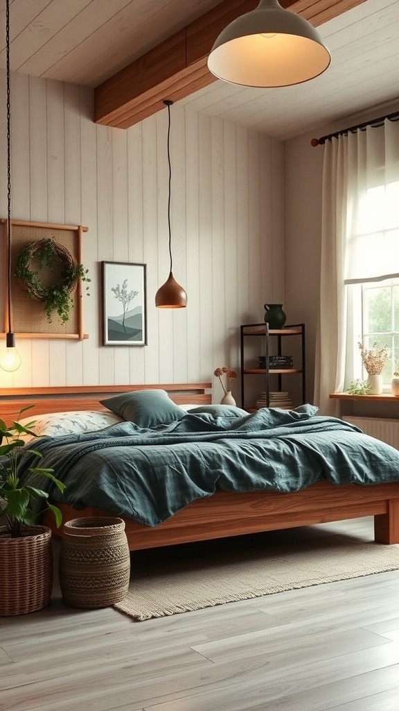 A cozy bedroom with a wooden bed frame, natural bedding, plants, and eco-friendly decor.