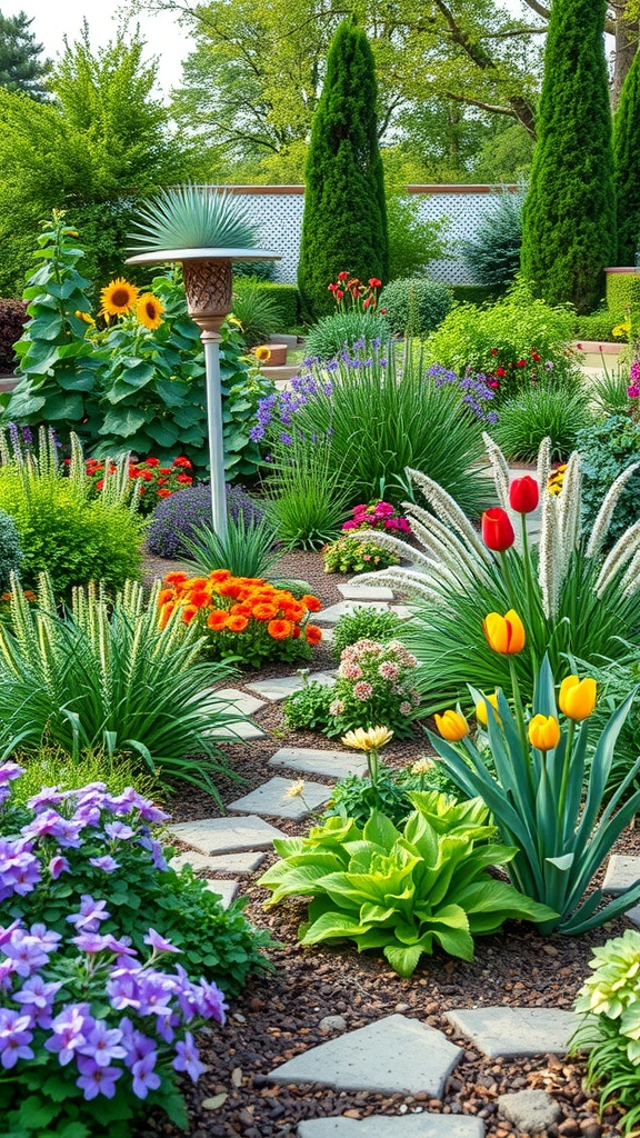 A vibrant farmhouse garden with flowers, herbs, and a stone pathway.