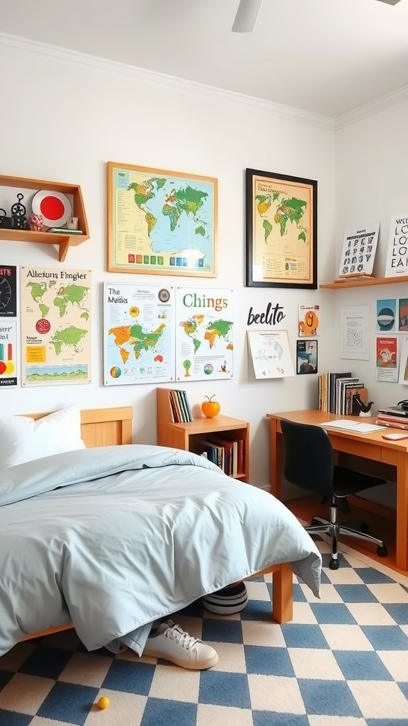 A cozy twin boys bedroom with educational decor including world maps and posters.