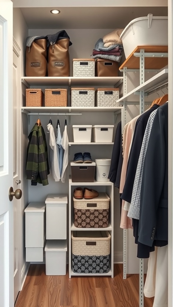 A well-organized closet with shelves and baskets, showcasing efficient storage solutions.