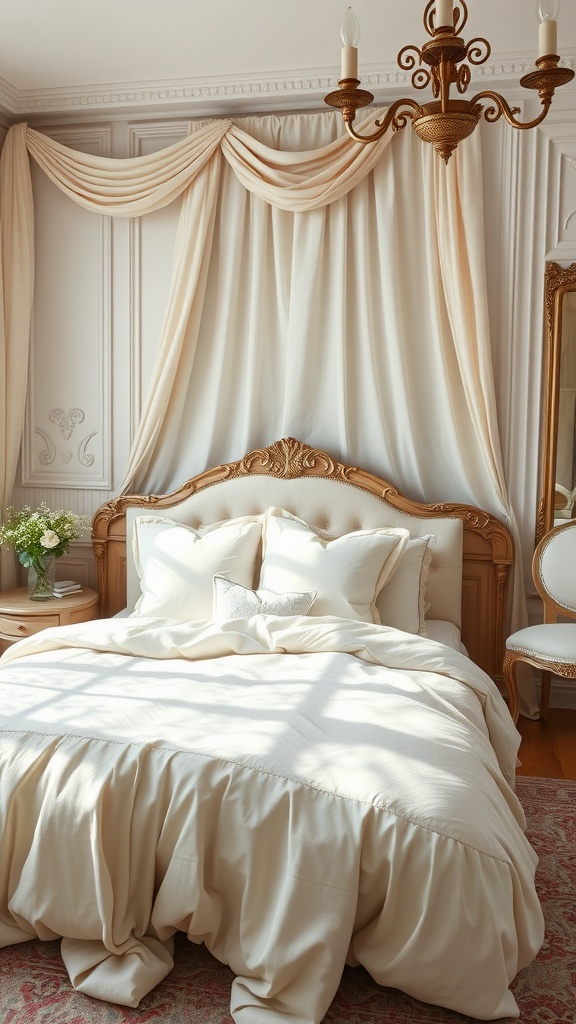 Elegant bedroom with creamy decor and delicate chandelier