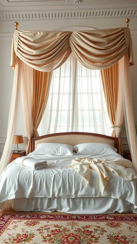 Elegant bedroom with a soft canopy over the bed and warm drapes by the window
