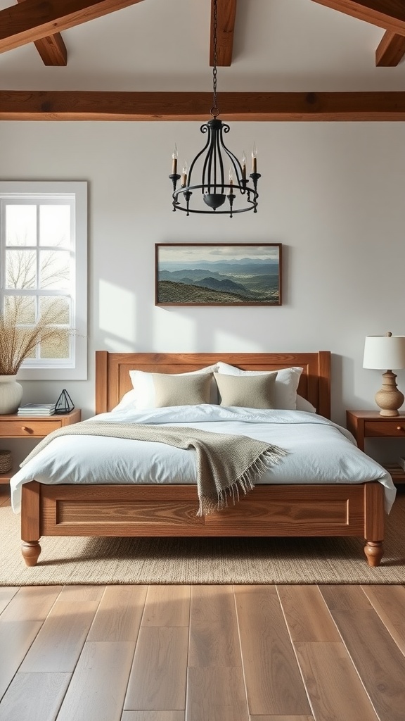 A cozy farmhouse chic bedroom featuring a wooden bed frame, soft linens, and warm lighting.