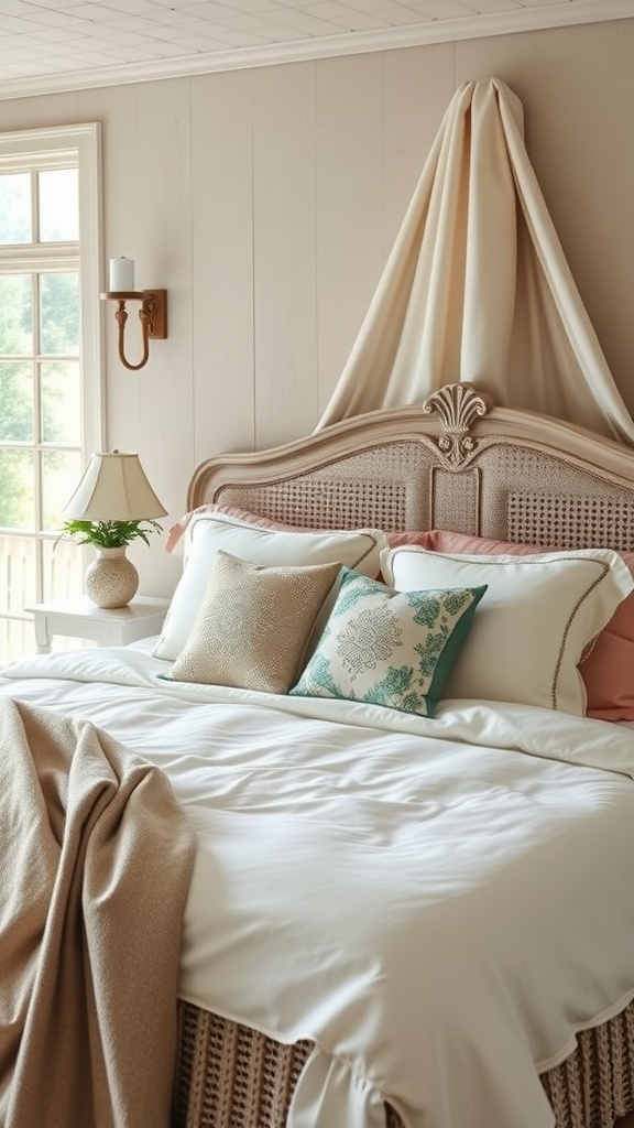 Elegant bed linens in a cozy farmhouse glam bedroom with a soft color palette and decorative pillows.