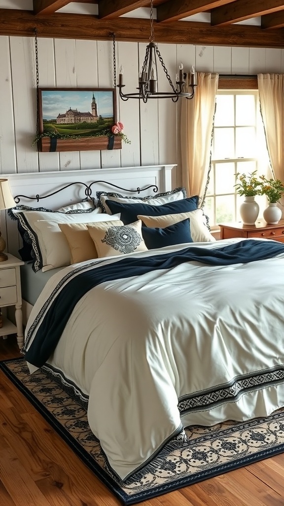 Elegant black and cream bedding set in a cozy farmhouse bedroom