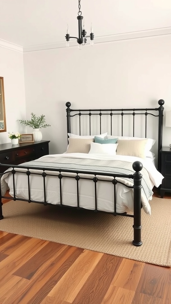 Elegant black metal bed frame in a cozy farmhouse bedroom with cream bedding and wooden floors