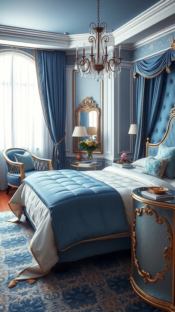 A luxurious blue bedroom featuring elegant decor with silver accents, including a chandelier and ornate mirror.
