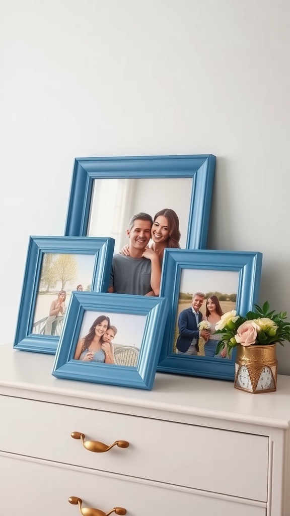 A collection of elegant blue picture frames displaying happy moments, arranged on a dresser with a flower vase.