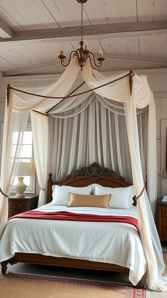 Elegant canopy bed with drapes and warm tones in a farmhouse-style bedroom