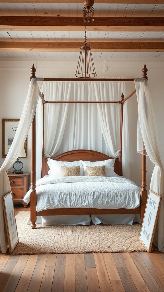 An elegant wooden canopy bed with white drapes in a modern farmhouse bedroom