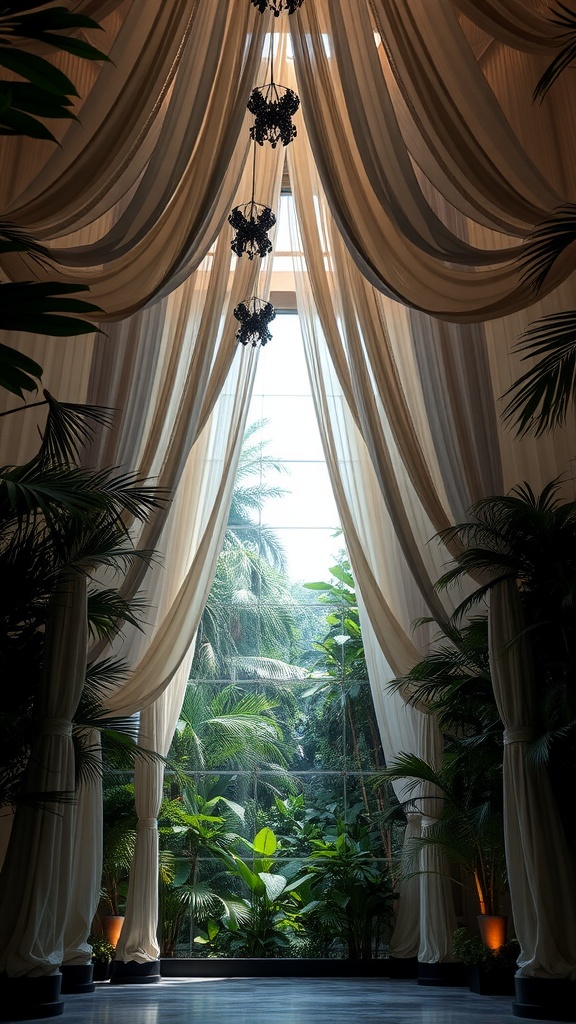 Elegant canopy drapes framing a view of lush greenery through large windows.