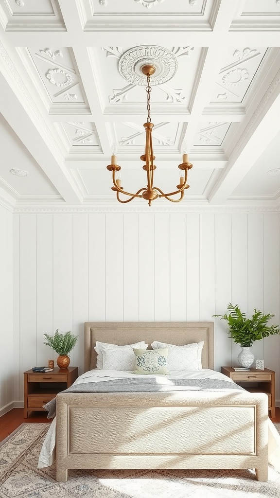 Elegant bedroom with coffered ceiling and chandelier