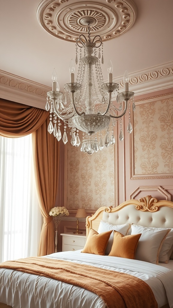 A beautifully designed chandelier hanging over a cozy bedroom with pink walls and elegant decor.