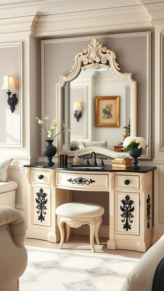 Elegant cream vanity with black accents and ornate mirror in a farmhouse bedroom.