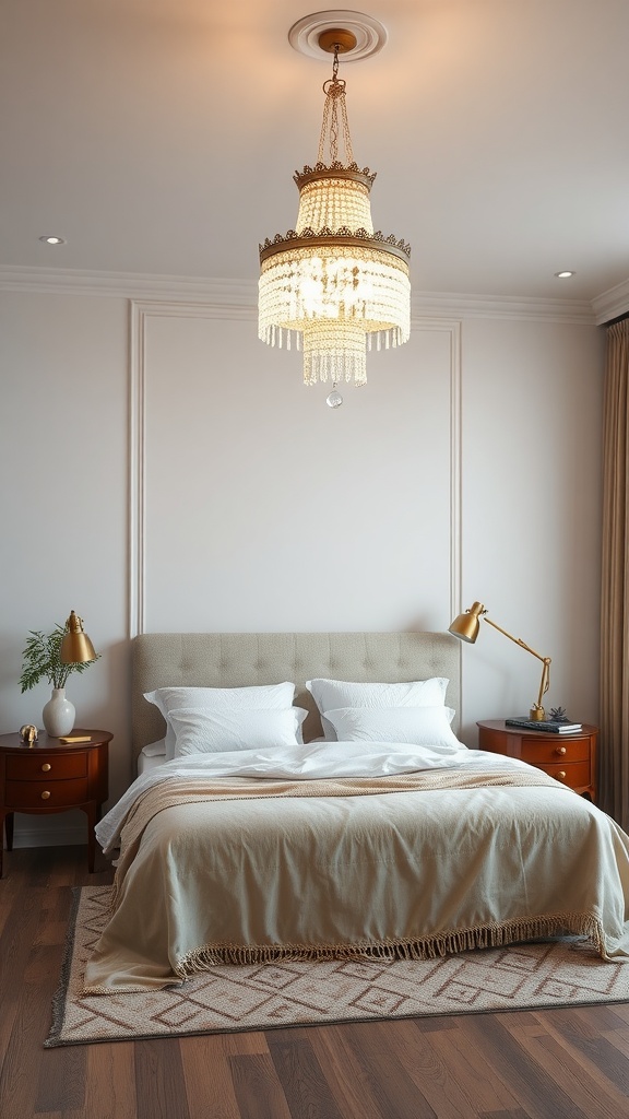 Elegant crystal chandelier hanging above a cozy bed in a stylish bedroom