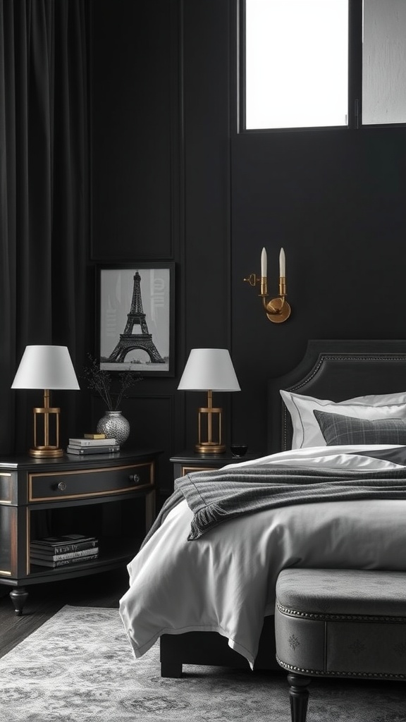 Elegant dark monochrome bedroom with a stylish bed, lamps, and framed artwork
