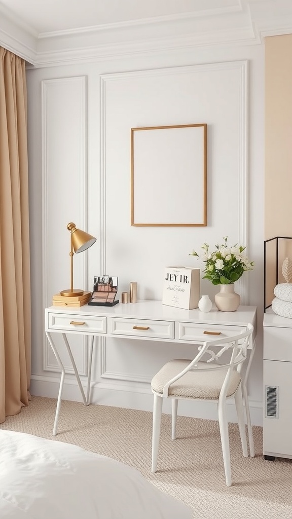 Elegant desk and makeup area featuring a white desk, stylish chair, and decorative elements in a feminine bedroom
