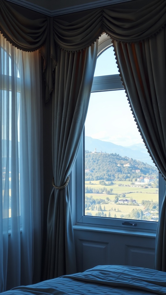 Elegant drapery framing a window with a scenic view in a feminine bedroom.