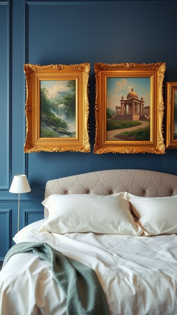 A cozy bedroom featuring elegant gold framed artwork on deep blue walls, with a tufted bed and soft bedding.