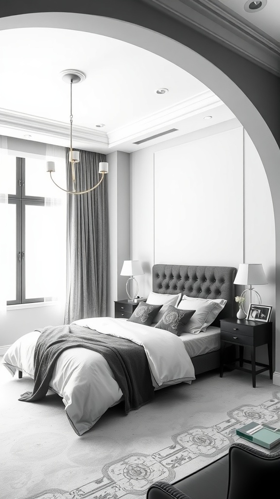 Elegant monochrome bedroom with a gray color scheme, plush bedding, and modern decor.