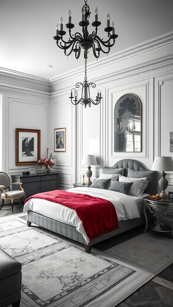 Elegant monochrome bedroom with red accents and stylish decor