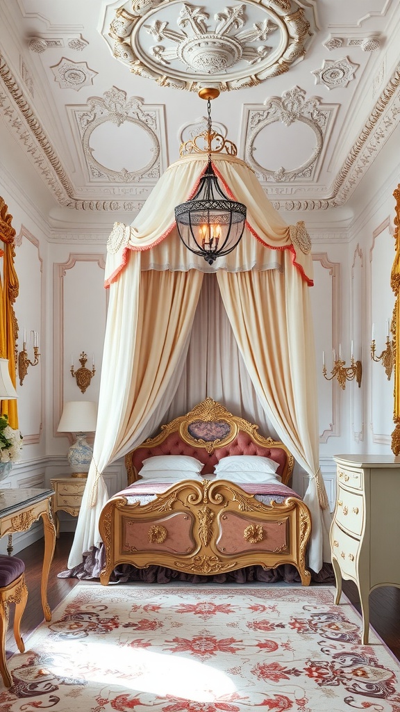 Elegant princess bedroom with a canopy bed, ornate decor, and beautiful ceiling design.