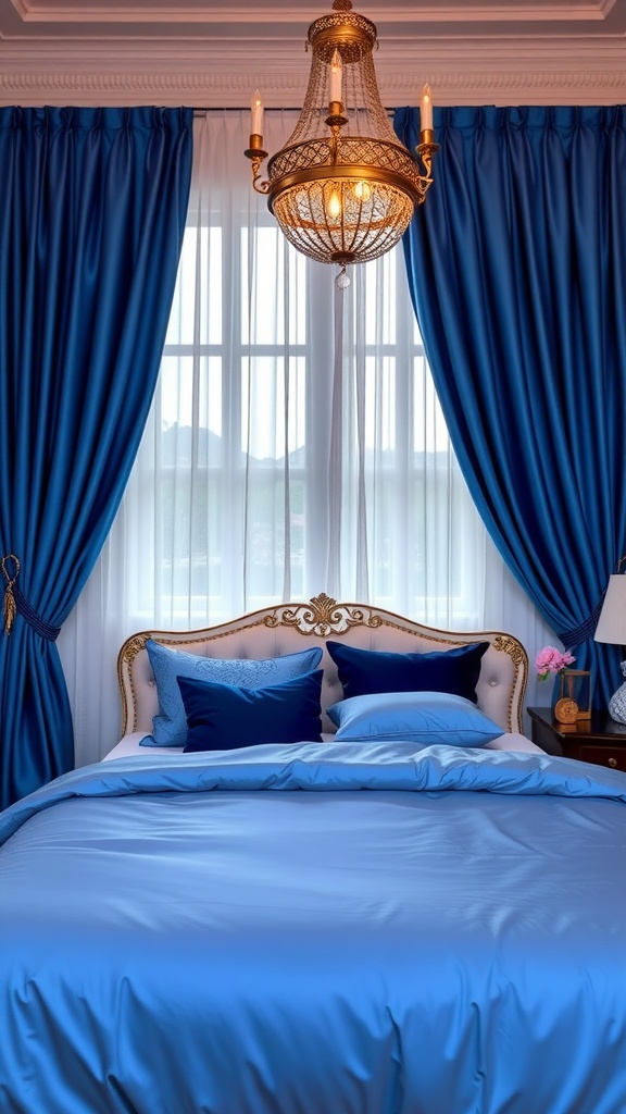Elegant bedroom with royal blue curtains, blue bedding, and a chandelier