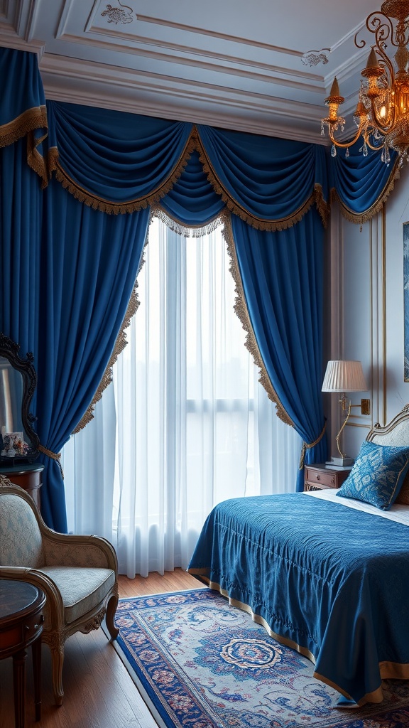 A luxurious bedroom featuring royal blue curtains, bedding, and a patterned rug, creating an elegant and tranquil atmosphere.