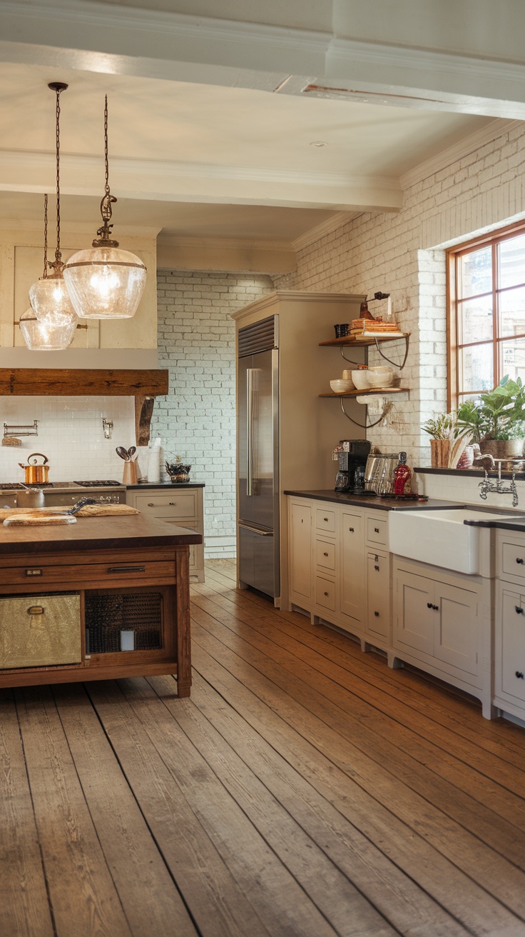 Rustic kitchen featuring wide plank wood flooring, warm tones, and charming details.