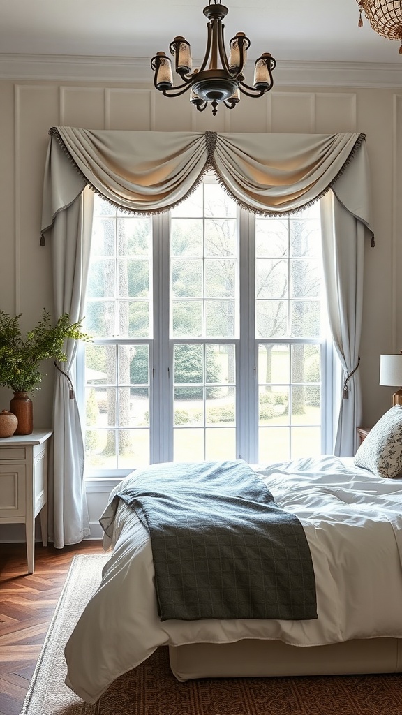 Elegant window treatments in a farmhouse glam bedroom, featuring draped curtains and a stylish chandelier.