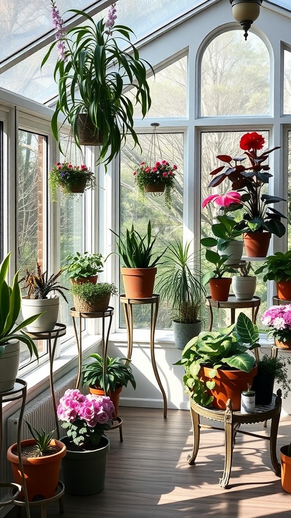 A bright sunroom filled with various plants displayed on elevated stands, creating a lush and inviting atmosphere.