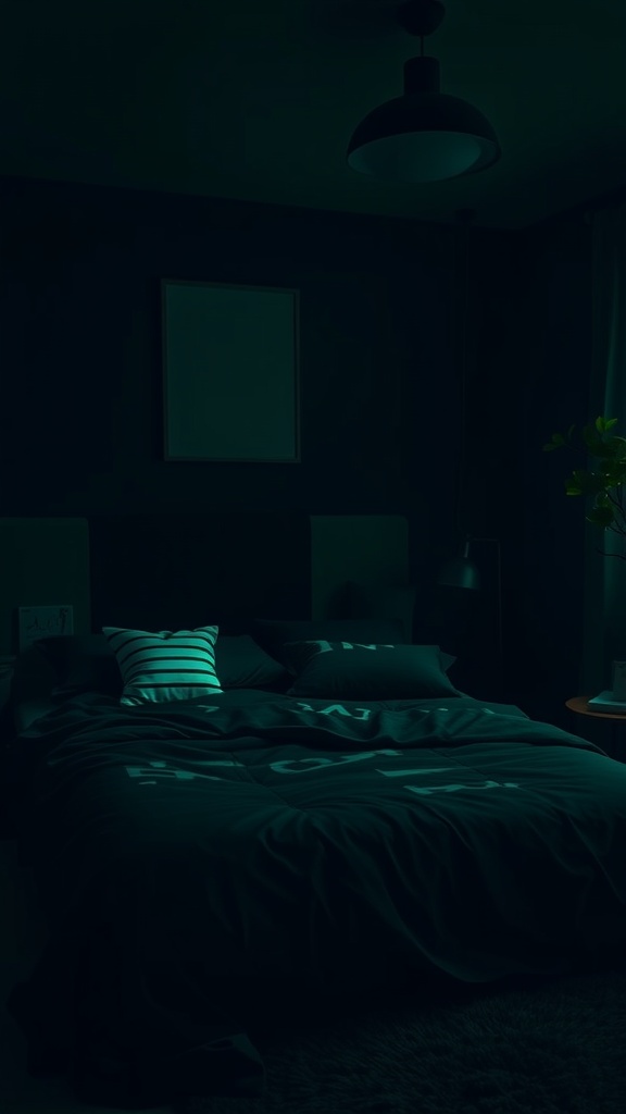 A dark and moody bedroom with a cozy bed setup, soft lighting, and a plant by the window.