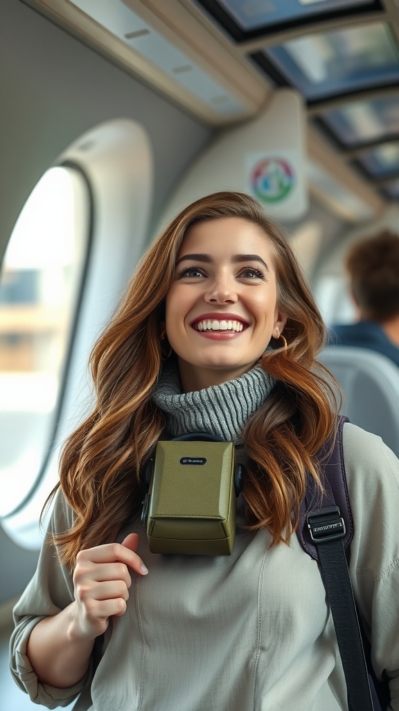 A young woman smiling brightly while traveling on a train, representing joy and embracing life changes.