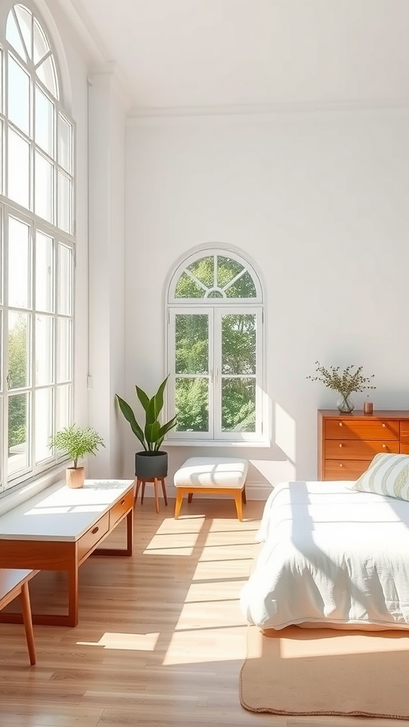 Bright farmhouse bedroom with large windows, wooden furniture, and plants