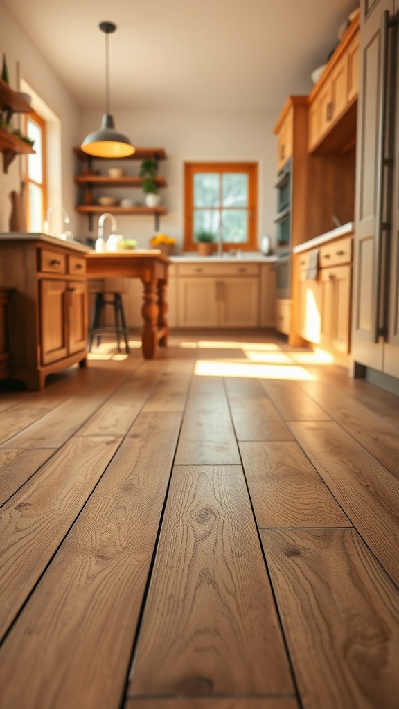 A farmhouse kitchen featuring rustic wood floors with natural grain patterns.