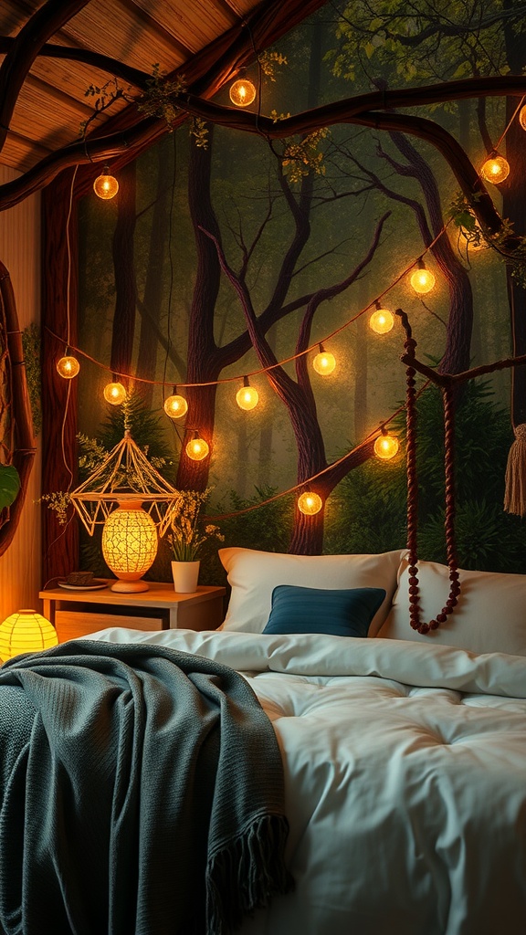 A cozy bedroom designed with an enchanted forest theme featuring a mural of trees, warm string lights, and natural decor.