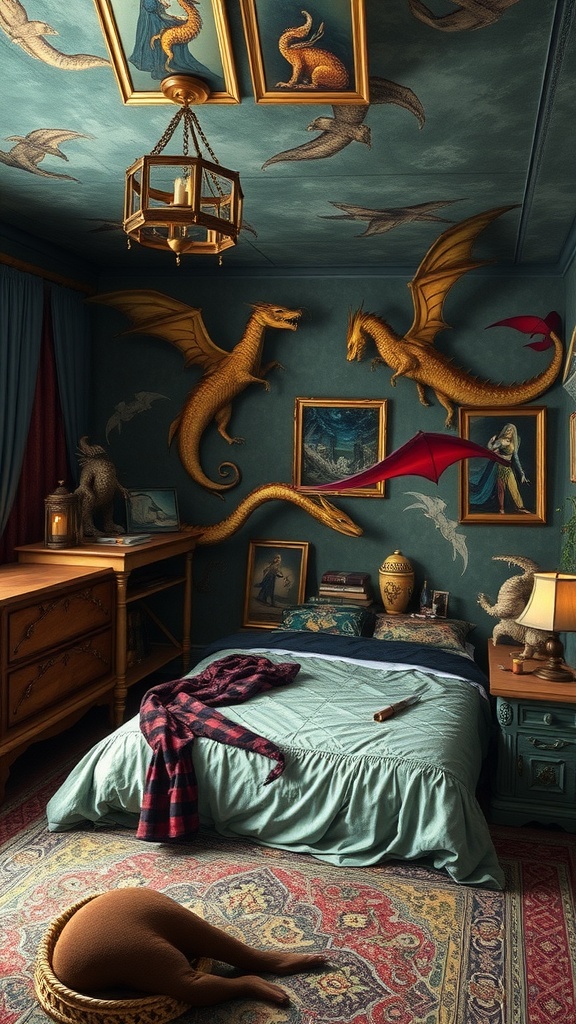 A creatively designed bedroom featuring dragon-themed murals, cozy bedding, and warm lighting.