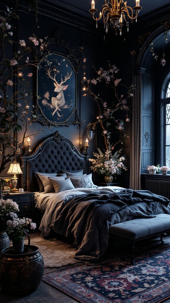A dark and moody bedroom with a fairytale theme, featuring a full moon, mythical creatures, and warm candlelight.