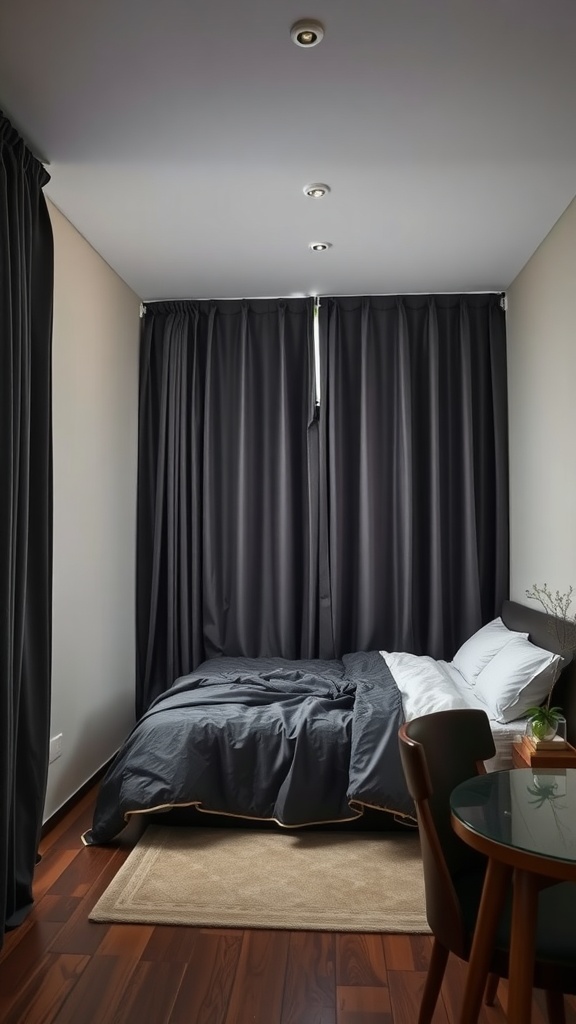 A cozy bedroom featuring dark curtains, a neatly made bed, and a small table.