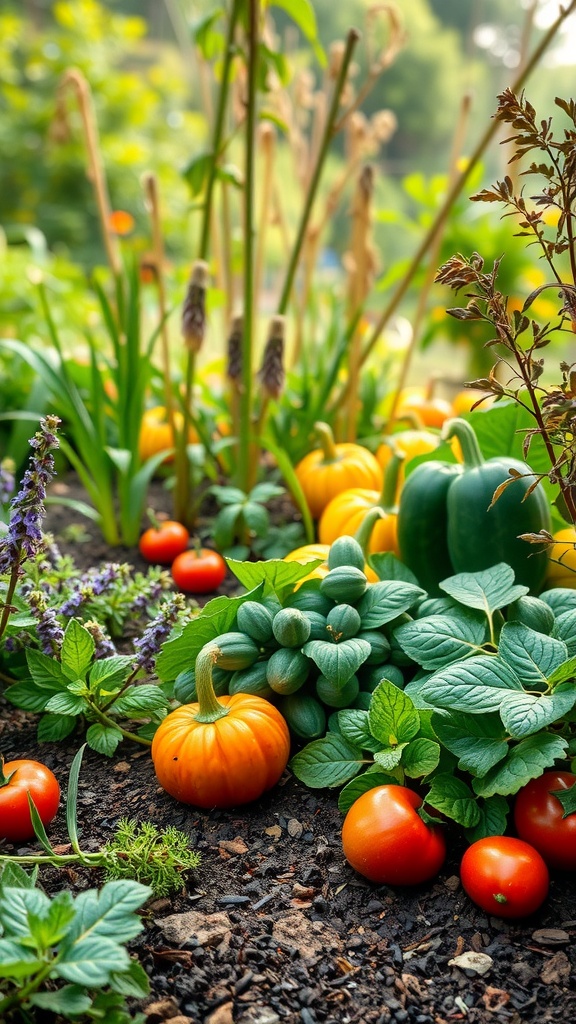A lush garden featuring pumpkins, tomatoes, and green plants, illustrating edible landscaping.